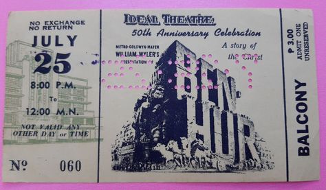 An old cinema ticket of a movie title Benhur showed on July 25, 1969 in Cebu, Philippines.  The ticket cost was so expensive at P3 in 1969. Old Cinema Ticket, Old Ticket, Hong Kong Cinema, Cinema Ticket, Cebu Philippines, Old Cinema, Ticket Design, Candle Packaging, Candle Company