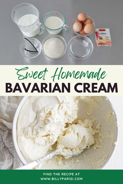 This sweet homemade Bavarian cream is a delicious recipe made with sweet vanilla bean custard is combined with whipped cream for a simple, decadent dessert.  It is common to serve them in stemmed wine glasses or use a decorative mold to set them in. It is also used to fill in pastries. Bavarian Cream Filling Recipe, Barbarian Cream Recipe, Homemade Bavarian Cream, Chocolate Bavarian Cream, Bavarian Cream Recipe, Custard Cream Recipe, Vanilla Bean Custard, Bavarian Cream Filling, Cream Filling Recipe