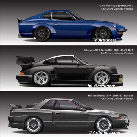 The trio of #wanganmidnight in their #arttunerz #ultimateversion form! Which version is the best in your opinion?? 😎❤

P.S. A very limited edition print of 30 pieces only per size, is now available! Each print will be numbered and signed! Link in bio! ⬆️⬆️⬆️ #devilz #wanganmidnightmaximumtune #blackbird #skyliner32 #porsche964 #911turbo #fairladyz #s30z #zcar #carprint #illustrator #automotiveart #wangan #maximumtune #nismo #pandem #trakyoto #rocketbunny #rwb #rwbporsche #rauhweltbegriff #jdm Toyota Supra Rz, Wangan Midnight, Initial D Car, Perfect Things, Jdm Wallpaper, Best Jdm Cars, Porsche 964, Auto Art, Initial D