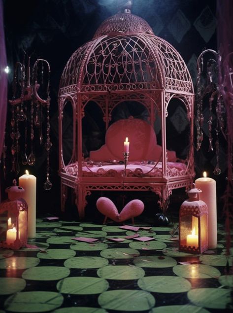 Psychic House Aesthetic, Doll House Aesthetic, Pink Horror Room, Pink Goth Interior Design, Pink Occult Aesthetic, Mh Aesthetic, Pink Altar Witch, Chaos Dreamland, Welcome To My House