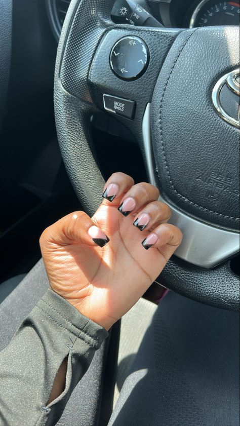 V Tip Nails Short, V Tip French Nails Short, Short V French Nails, Black V French Tip Nails, Black V French Tip, Vision Board Nails, Black French Tip Toes, V French Tips, Black French Tip Nail Designs