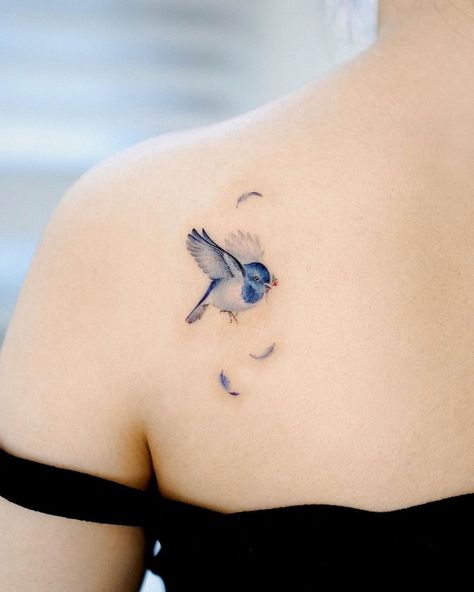 Bird Tattoo On Shoulder, Happiness Tattoo Ideas, A Bird Tattoo, Tattoos On Shoulder, Virgo Flower, Bird Shoulder Tattoos, Happiness Tattoo, Bluebird Of Happiness, Tattoo On Shoulder