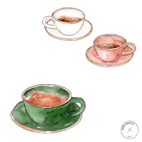 Good Objects, Coffee Cup Drawing, Objects Illustration, Coffee Watercolor, 3 Coffee, Pretty Coffee, Foodie Art, Coffee Drawing, Cups Of Coffee