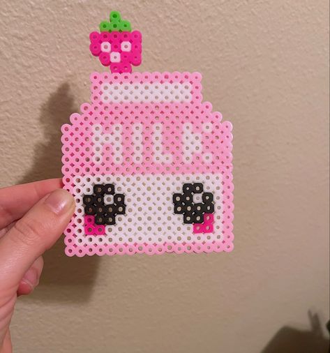 #perler #strawberrymilk #pink #kawaii #milk #strawberry Strawberry Perler, Kawaii Perler Beads, Cute Perler Beads Designs, Perleplader Ideas, Hama Beads Kawaii, Strawberry Milk Kawaii, Kawaii Perler, Pearled Bead, Milk Strawberry