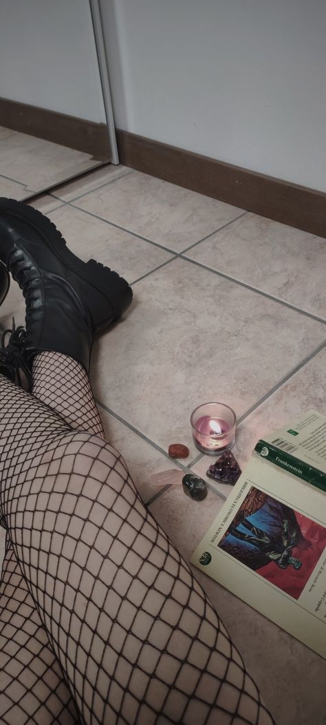 Books, tights, crystals Clean Goth Aesthetic, Henrietta Biggle, Light Goth, Goth Girl Aesthetic, Manifesting Board, Rikka Takanashi, Personal Portrait, Health Goth, Aesthetic Film