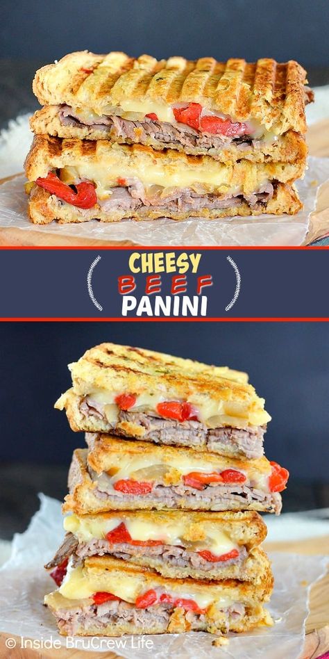 Roast Beef And Cheese Sandwich, Steak Panini Sandwiches, Roast Beef Panini Sandwiches, Cheeseburger Panini, Roast Beef Grilled Cheese, Roast Beef Panini, Panini Ideas, Panini Press Recipes, Grilled Roast Beef