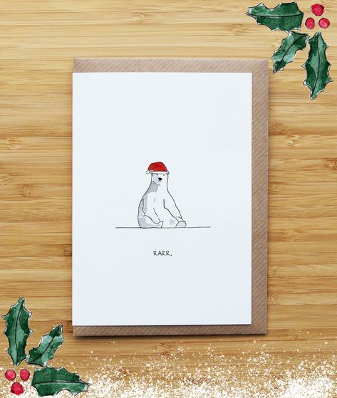 Caption: Rarr. ~ Original Watercolour and Ink Card/Print by RossJDesigns Add this card to a Christmas multipack: https://www.etsy.com/uk/listing/547982184/christmas-card-multipack - Shipping from Edinburgh, UK - Original watercolour design reprinted on 100% recycled white smooth 300gsm card (FSC approved) OR 100% biodegradable seeded paper (embedded with a mix of wildflower seeds). Cards are handmade, folded and printed by the RossJDesigns team. - Size A6 Card (148x105mm - around 5 7/8 x 4 1/8 i Bear Christmas Card, Painted Christmas Cards, Seeded Paper, Edinburgh Uk, Cute Christmas Cards, Watercolour Design, Polar Bear Christmas, Watercolour And Ink, Christmas Card Art