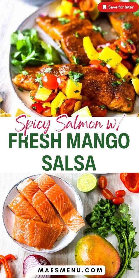 Feature sweet and juicy mangos in this spicy baked salmon recipe. With a zesty spice rub, and sweet and crunchy salsa, this is one of our best summer special recipes for a reason! Make it for dinner this week or anytime you are looking for mango recipes to use up your extra fruit! #mangorecipes #summerdinner #salmon Grilled Salmon With Mango Salsa, Salmon With Mango Salsa, Mango Salmon, Mango Salsa Salmon, Fresh Mango Salsa, Mango Slaw, Baked Salmon Recipe, Salmon Spices, Mango Salsa Recipes