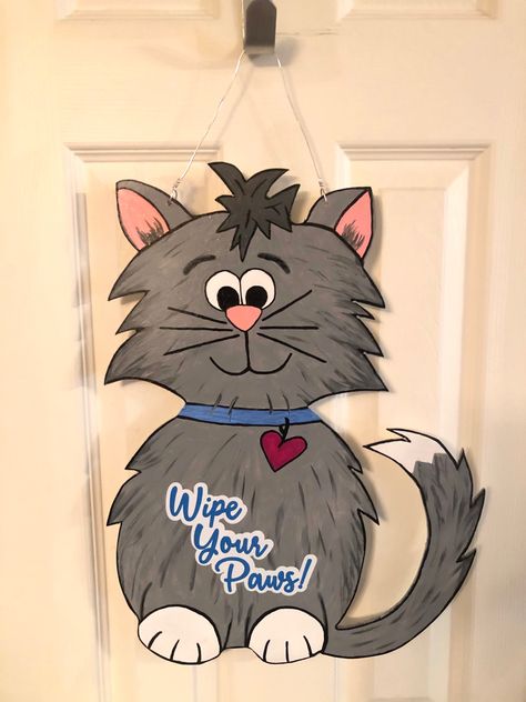 Cat Door Hanger Wooden, Cat Door Hanger, Door Hanger Signs, Hanger Ideas, Painted Cat, Door Hangers Diy, Hanger Diy, Hand Painted Cat, Cat Door