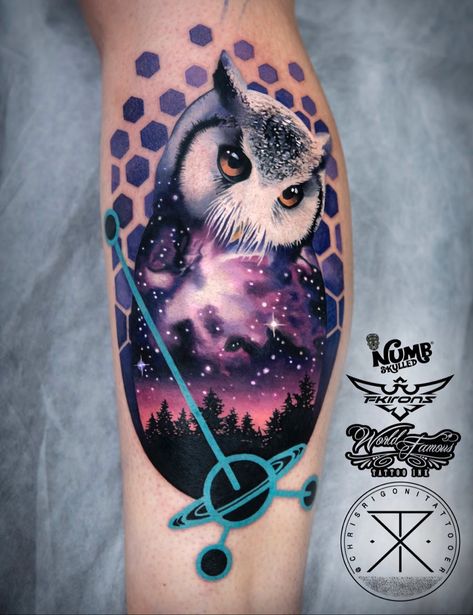 Watercolor Owl Tattoos, Kunst Tattoos, Galaxy Tattoo, Cool Arm Tattoos, Muster Tattoos, Owl Tattoo Design, Tatuaje A Color, Tattoo Equipment, Space Tattoo