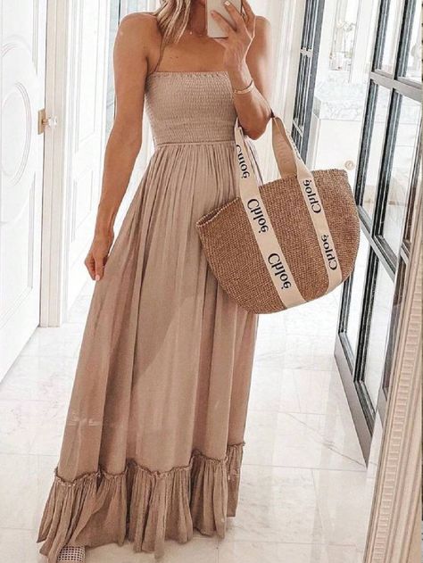 SHEIN Essnce Women Solid Color Ruffled Strapless Vacation Dress For Spring/Summer OutfitI discovered amazing products on SHEIN.com, come check them out! Neutral Outfits, Maxi Dress Outfit, Vacation Dress, Tiered Maxi Dress, Vacation Dresses, Halterneck Dress, Vestido Casual, Mode Inspo, Draped Dress