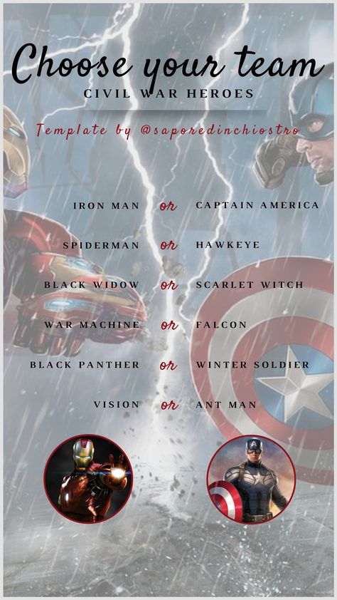 Instagram Templates SUPERHEROES EDITION - Team Iron Man or Team Cap? Choose your team Iron Man Team, Team Iron Man, Iron Man Vs Captain America, Iron Man Drawing, Team Cap, Marvel Stuff, Scarlet Witch, Winter Soldier, Marvel Superheroes