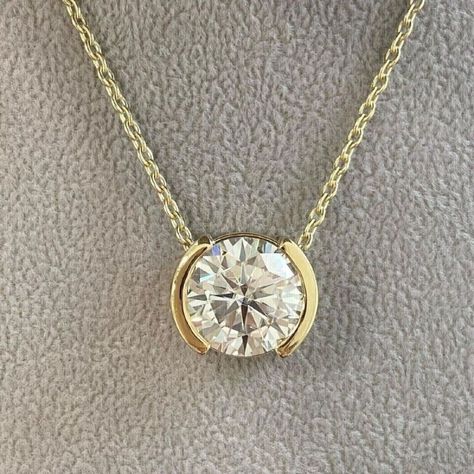 Elevate your style with these stunning solitaire pendant necklaces in 14K Yellow or White Gold Plated 💎 Perfect for any occasion! #SimulatedDiamond #PendantNecklace #SterlingSilver #FashionJewelry #GiftIdea Diamond Pendant Sets Unique, Half Bezel Setting, Round Diamond Pendant, Trendy Jewellery, Family Jewelry, Solitaire Diamond Pendant, Half Bezel, Moissanite Pendant, Dainty Diamond Necklace