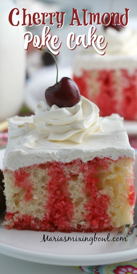 Cherry Poke Cake Recipes Easy, Almond Poke Cake, Simple Cake Recipe, Cherry And Almond Cake, Cream Cheese Coffee Cake, Cherry Cherry, Homemade Snickers, Poke Cake Recipes, Sheet Cake Recipes