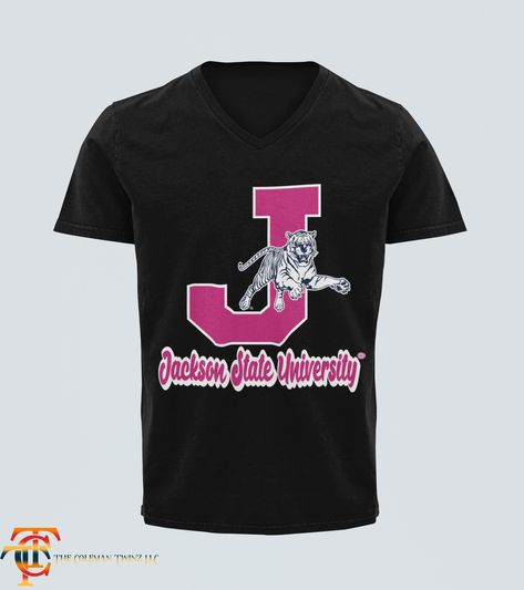 Jackson State Tigers Pink J Leaping Tiger V-Neck T-Shirt Details: Cheer on thee Jackson State Tigers with this JSU Tigers t-shirt. This T-shirt features crisp graphics and a comfortable design that is sure to add school spirit to any style with this Jackson State Tigers tee. Features: Retail fit. Unisex sizing.Product Description: (may vary by shirt brand, style, and/or color) 100% cotton 90/10 cotton/poly (Athletic Heather) V-Neck Short Sleeve Machine wash, tumble dry low Officially licensed Di Jackson State University, Jackson State, Tiger T Shirt, School Spirit, State University, Tigers, Sweat Shirt, Print On Demand, Shirts Tops