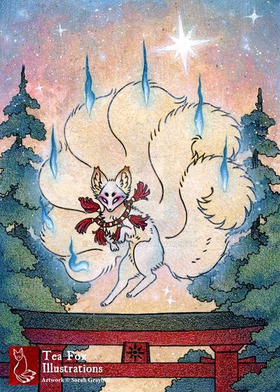 Fox of the Celeste by TeaKitsune on DeviantArt Lantern Cards, Japanese Fox, Character Cards, Kitsune Fox, Japanese Mythology, Fox Spirit, Spirit Animal Art, Japanese Folklore, Fox Illustration