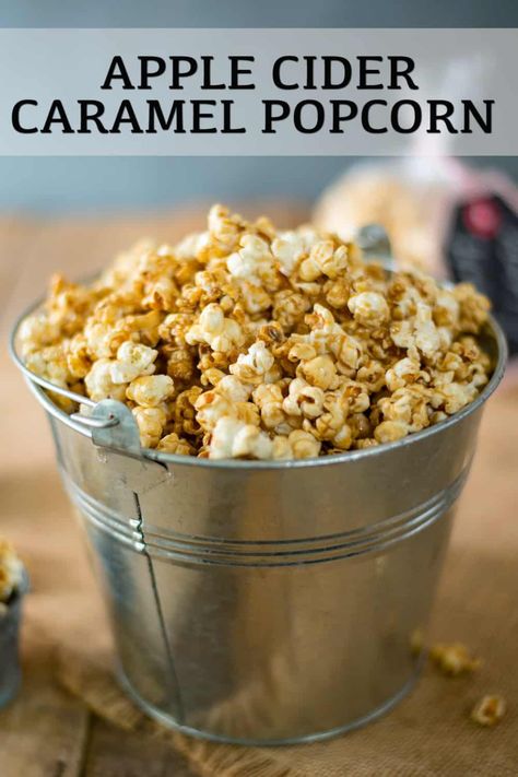 Apple cider caramel popcorn is the best crunchy, sweet and apple flavored seasonal snack. Just pop your favorite popcorn and make your own, easy apple cider caramel. If you like caramel popcorn, you will love this! #caramelpopcorn #applecider Fall Popcorn, Caramel Apple Popcorn, Cider Caramel, Apple Cider Caramel, Flavored Popcorn Recipes, Popcorn Recipes Easy, Gluten Free Popcorn, Apple Popcorn, Diy Mixes