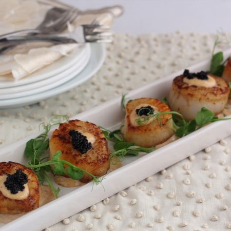 Seared Scallops With A Portobello Truffle Emuslion, Caviar and Microgreens Cajun Caviar, Oysters Bienville, Salmon Roulade, Microgreens Recipe, Oysters Rockefeller, Perfect Mashed Potatoes, Seared Scallops, Corn Cakes, Scallops Seared