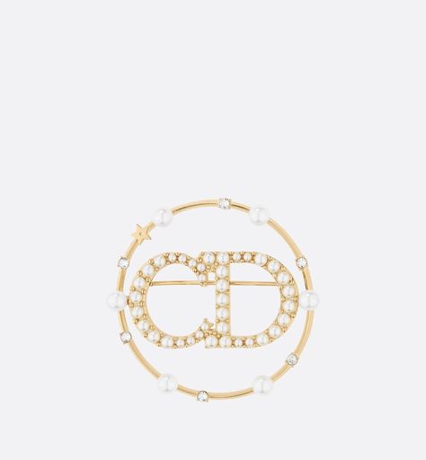 Clair D Lune Brooch Gold-Finish Metal with White Resin Pearls and White Crystals | DIOR Luxury Earrings, Dior Jewelry, Precious Jewels, White Crystals, Pearl Brooch, Resin Beads, Elegant Accessories, Jewelry Creation, Gold Finish