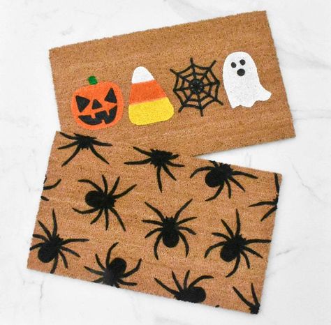 Our Halloween welcome mat is the perfect way to create a cute and charming autumn entryway. Decorate your front porch with this cute fall doormat! Front door mats make perfect wedding, housewarming, and birthday gifts! Custom orders available. Handmade in Tupelo, Mississippi. Spooky Rugs Diy, Door Mat Painting Diy Halloween, Halloween Rugs Ideas, Halloween Doormat Painting, Diy Halloween Mat, Fall Diy Doormat, Painting Door Mats Diy, Halloween Door Mat Diy, Diy Fall Doormat