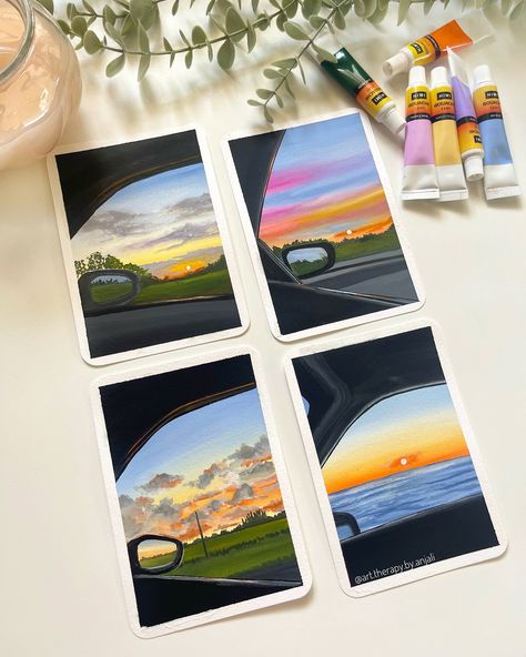 Sunset Paintings 🌅💟🌄♥️🩷🎀✨ . Watching sunsets through the car window while on a long drive be my favourite thing ♥️ It evokes the feeling of freedom and nostalgia, creating moms of serenity. A reminder that simple yet profound experiences come our way 💟 . @anupam Watercolor Sheets size A6 300 gsm @miyaarts Gouache Tubes from @thoovi.arts @miyahimi.in . #sunsetpainting #eveningsky #gouache #gouachepainting #gouacheart #gouacheartwork #sunsetphotography #sunsetlovers #instart #sunsetsky #explor... Sunset Paintings, Painting Simple, Gouache Art, Long Drive, Evening Sky, Sunset Painting, Sunset Sky, Gouache Painting, Car Window