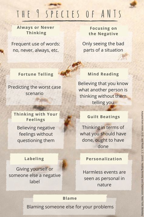 Are Automatic Negative Thoughts (ANTs) ruining your picnic? Here are the 9 species of ANTs developed by Dr. Amen. Stay tuned for how to squash them! Ants Pictures, Counseling Theories, Automatic Thoughts, Automatic Negative Thoughts, Dr Amen, Personal Mastery, Group Counseling Activities, Coping Skills Activities, Mental Resilience