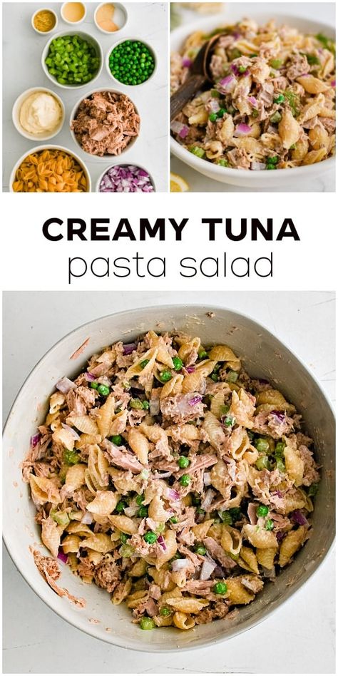 This creamy, classic Tuna Pasta Salad is made with shell noodles, peas, tuna, celery, and mayonnaise. It's quick and easy to make, flavorful, filling, and perfect for summer BBQs, potlucks, and simple dinners. Shell Noodles, Tuna Pasta Salad Recipes, Easy Pesto Pasta, Buffalo Chicken Pasta Salad, Creamy Tuna Pasta, Pasta Salad With Spinach, Tuna Pasta Salad, Simple Dinners, Blt Pasta Salads