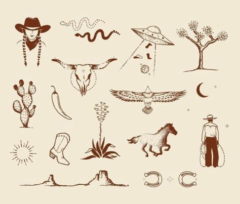 Western Angel Tattoo, Creepy Western Tattoo, Mini Tattoos Western, Cowgirl Aesthetic Tattoo, Patchwork Tattoo Western, Western Themed Tattoos, Simple Western Drawings, Wrangler Tattoo, Western Sticker Sleeve Tattoo