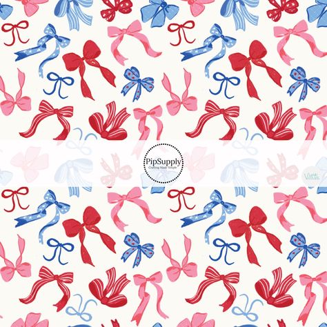 Patriotic Bows Fabric By The Yard This 4th of July fabric by the yard features red, pink, and blue patterned bows on cream. This fun patriotic themed fabric can be used for all your sewing and crafting needs! Sew Bow, No Sew Bow, Bow Fabric, Patriotic Fabric, Patriotic Bows, Bows Hair, Kinds Of Fabric, Making Hair Bows, Custom Printed Fabric