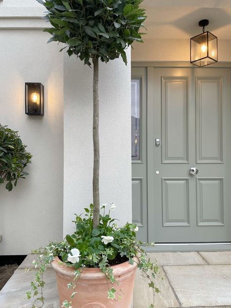 Sandacre — Claire Totman Designs Front Door Country House, Small House Front Door, Front Doors White House, Sage Front Door Colors, Modern Porch Ideas Entrance, Front Door Planter Ideas, Painted Front Door Ideas, Sage Green House, Country Front Door