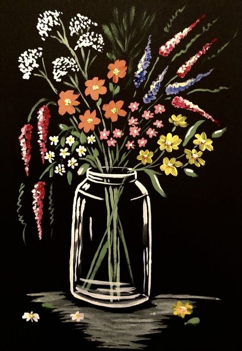 Acrylic Painting Whimsical, Simple Large Canvas Painting, Easy Painting Ideas On Canvas Black, Dark Background Painting Ideas, Easy Large Canvas Painting Diy, Simple Flower Painting Acrylics Easy, Acrylic Painting Inspo For Beginners, Simple Acrylic Paintings On Paper, Black Background Painting Easy