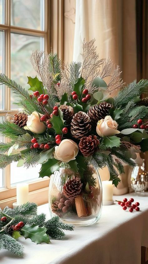 Winter Artificial Flower Arrangements, Winter Arrangements Floral Design, Xmas Flower Arrangements, Mantel Floral Arrangements, Christmas Floral Centerpieces, Christmas Flower Arrangements Ideas, Christmas Altar, Doorway Decorations, Christmas Doorway Decorations