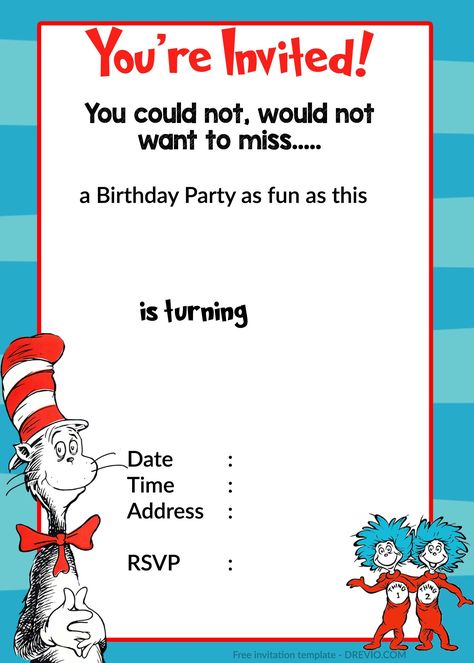 awesome Printable dr. Seuss birthday invitation Dr Seuss Invitations, Cat In The Hat Birthday, Email Format, Hat Birthday Party, 1st Birthday Invitation Template, Dr Seuss Birthday Party, Online Party Invitations, Dr. Seuss, Seuss Party