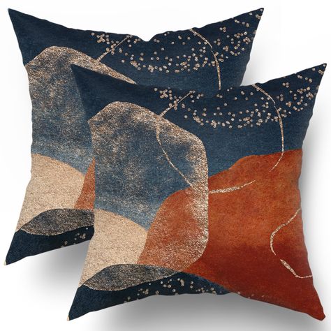 PRICES MAY VARY. Cotton Size & High-Quality Linen Material: 16x16 inches (40 cm X 40 cm), our navy blue burnt orange boho throw pillow covers made of high-quality cotton material, environmentally friendly fabric, thick, soft, breathable, to provide you with a delicate and soft touch, so you can enjoy a comfortable pillow experience. Double-Sided Printing Design: Our boho throw pillow cover is printed with the navy blue burnt orange abstract geometric design on both sides and a high quality invis Burnt Orange Throw Pillows, Bohemian Mid Century Modern, Burnt Orange Throw, Modern Boho Art, Modern Decor Accessories, Boho Pillow Covers, Boho Mid Century, Orange Throw Pillows, Vintage Throw Pillows