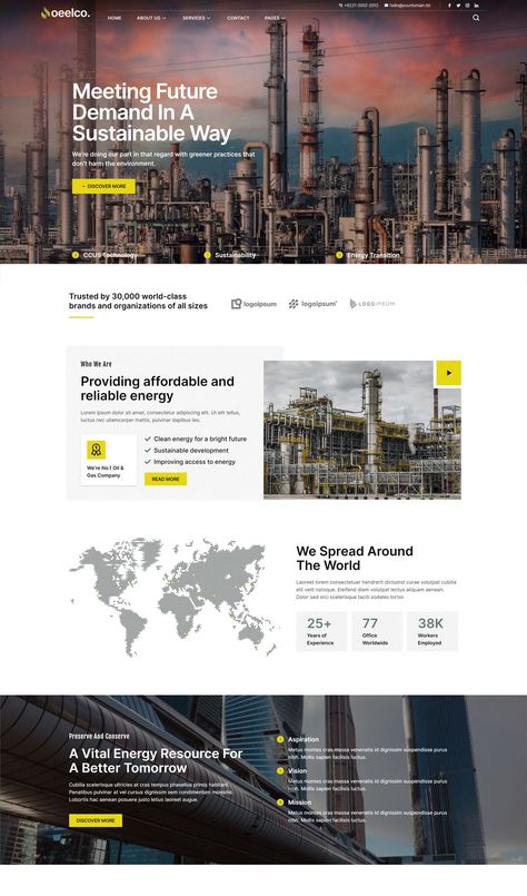 Oil Company & Industrial Elementor Template Kit Industrial Website Design Inspiration, Manufacturing Website Design, Industrial Web Design, Lemonade Branding, Industrial Website Design, Manufacturing Factory Design, Industrial Website, Construction Company Website, Sales Sheet