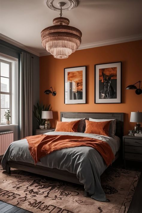 Orange Grey Bedroom, Grey And Orange Bedroom, Orange And Grey Bedroom, Dark Grey Headboard Bedroom Ideas, Orange Bedroom Walls, Grey Headboard Bedroom Ideas, White Gray Bedroom, High Ceiling Bedroom, Grey Headboard Bedroom