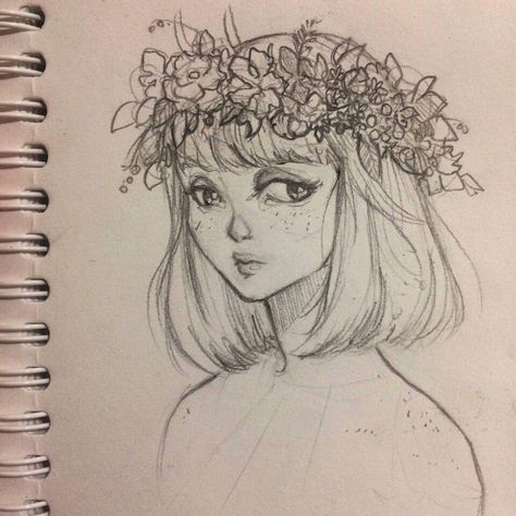 Pencil, anime Flower Crown Illustration, Girl With Flower Crown, Flower Crown Drawing, Crown Illustration, Crown Drawing, Crown Art, Flower Girl Crown, How To Draw Hair, Flower Wreath