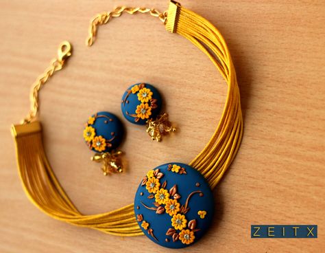 polymer clay choker necklace with earrings by zeitx Clay Choker, Friendship Bracelets Ideas, Polymer Clay Kunst, Floral Polymer Clay, Terracotta Jewellery Designs, Polymer Clay Embroidery, Bracelets Ideas, Polymer Beads, Terracotta Jewellery