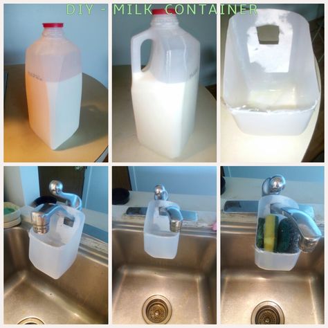 Dish washing sponge holder from milk container. Plastic Bottle Sponge Holder, Diy Sponge Holder, Plastic Container Crafts, Kitchen Sponge Holder, Upcycle Plastic, Diy Dish, Reuse Plastic Bottles, Diy Kitchen Projects, Diy Plastic Bottle