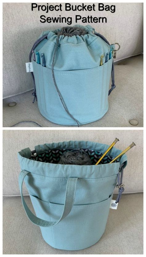 Sewing pattern for a project bucket bag. Easy to sew project bag pattern for a knitting, crochet or craft bag to sew. #SewingPatternsforBeginners #SewingPatterns #BeginnersSewingPatterns Sew Organizer Bag, Yarn Bag Sewing Pattern, Sewing Pattern Organizer, Knitting Bag Patterns To Sew, Knitting Project Bag Pattern Free, Easy Craft Ideas For Adults Simple, Basket Bag Pattern, Bucket Bag Sewing Pattern, Knitting Organizer