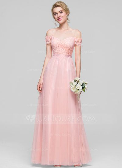 [£102.00] A-Line/Princess Off-the-Shoulder Floor-Length Tulle Bridesmaid Dress With Ruffle Dresses With Straps, Wedding Guest Outfit Winter, Sweet Dresses, Tulle Bridesmaid, Maid Of Honour Dresses, Tulle Bridesmaid Dress, Wedding Dresses With Straps, Vestidos Prom, Tulle Prom Dress