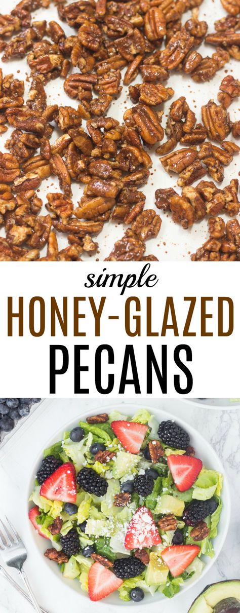 These honey-glazed pecans are so good on top of salads and for snacks! Honey Glazed Pecans Recipe, Honey Roasted Pecans, Cheesecake Oreo, Glazed Pecans, Dorm Kitchen, Homemade Snickers, Cookies Bars, Honey Glazed, Roasted Pecans