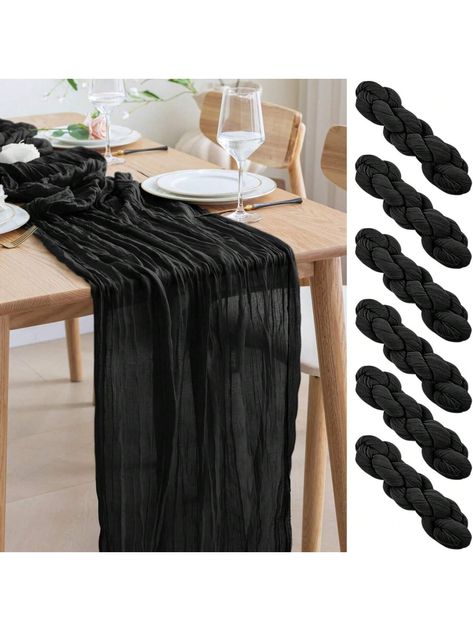 6pcs Black Cheesecloth Table Runners, Boho Sheer Chiffon Table Flags, Suitable For Baby Shower, Wedding, Bride's Party, Birthday Celebration, Table Decor Black 6pc    Polyester     Kitchen & Dining, size features are:Bust: ,Length: ,Sleeve Length: Masculine Party Centerpieces, All Black Wedding Decor, Black And White Birthday Decorations, All Black Affair Party Ideas, Masculine Birthday Party, Table Runner Round Table, White Wedding Table Decor, Transparent Table, Gauze Table Runner