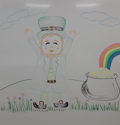 St. Patrick's Day Whiteboard Art St Patrick’s Day Whiteboard, March Whiteboard Ideas, Things To Draw On A Whiteboard, Dry Erase Board Drawings, Whiteboard Questions, White Board Drawings, Whiteboard Ideas, Whiteboard Messages, Whiteboard Art