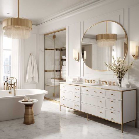 Discover 5 tips to design a luxury white and gold bathroom that you'll love. Explore how to use white marble, gold accents, gold-framed mirrors, and gold light fixtures to create a glamorous and sophisticated bathroom. Gold Light Fixtures, White And Gold Bathroom, Gold Light Fixture, Sophisticated Bathroom, Gold Framed Mirror, Gold Fixtures, Glass Brick, Gold Bathroom, Lifestyle Ideas