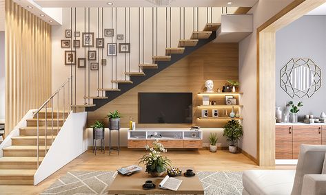 Minimalist TV unit under staircase in the living room looks elegant Tv Near Staircase, Staircase In The Living Room, Tv Unit Design Modern Under Staircase, Tv Wall Under Stairs, Tv Below Staircase, Tv Under Staircase, Living Room Staircase Design, Small Living Room With Staircase, Tv Staircase Wall