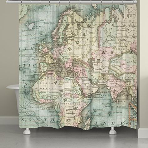 Laural Home World Map Shower Curtain 71 by 74 * To view further for this item, visit the image link. Map Shower Curtain, Baños Shabby Chic, Personalized Shower Curtain, Shower Curtain Sizes, Map Wall Decor, Shabby Chic Bathroom, Map Decor, Travel The World, Bathroom Shower Curtains