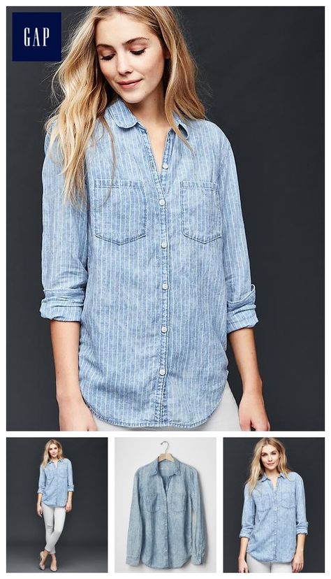 Railroad stripe chambray boyfriend shirt Boyfriend Shirt, Chambray Shirt, Spring Summer 2016, Chambray, Stitch Fix, Spring Summer, Collar, My Style, Women's Top