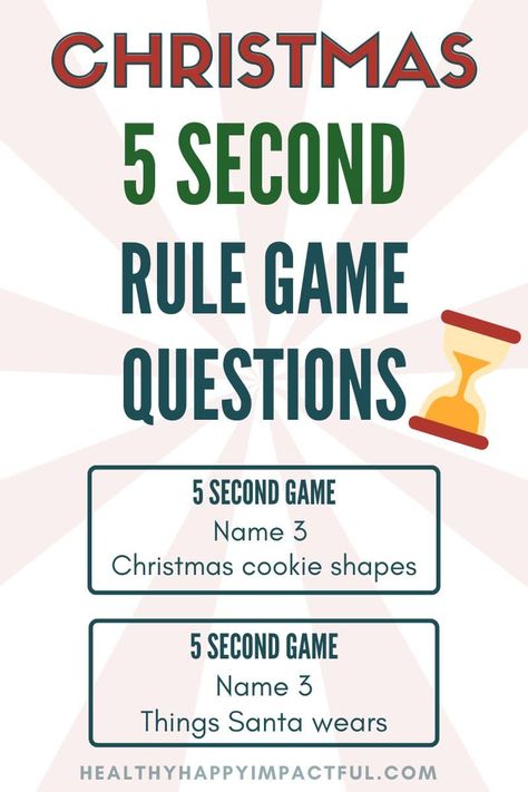 5 second game rule questions for holidays, Xmas, Christmas Day and Eve, party pin Five Second Rule Game Questions, What’s In The Christmas Stocking Game, 5 Second Game Christmas, Christmas Newlywed Game Questions, Think Fast Christmas Game Free Printable, Think Fast Christmas Game, 5 Second Christmas Game, Christmas Fill In The Blank Game, 5 Second Game Questions