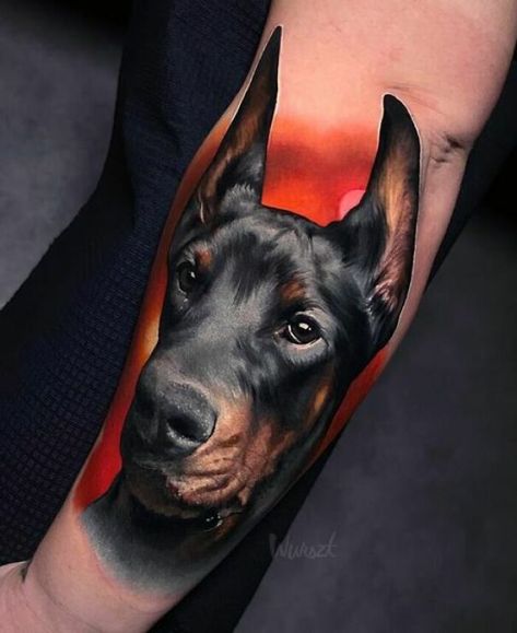 Tato Realis, Justice Tattoo, Doberman Tattoo, Dog Portrait Tattoo, Small Wolf Tattoo, Name Tattoos For Moms, Doberman Dog, Y2k Art, Creepy Tattoos